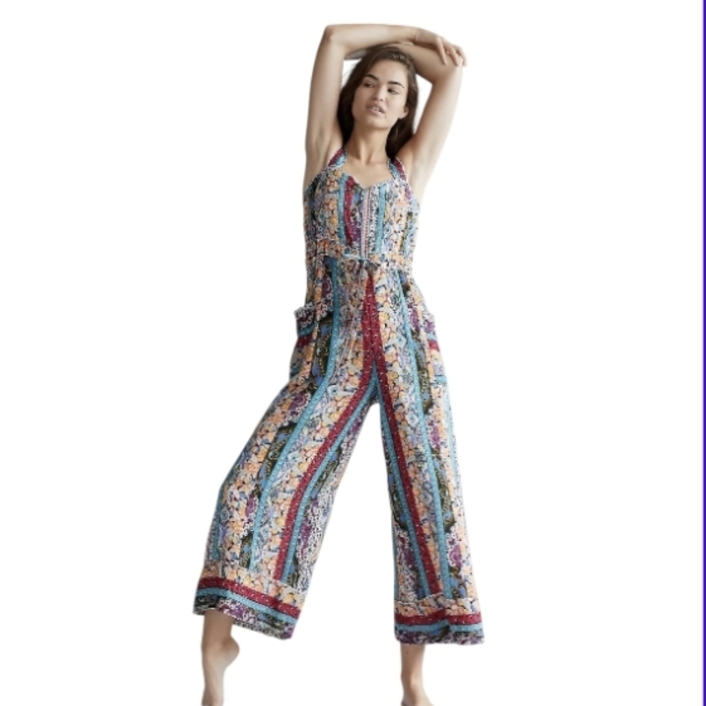 Anthropologie Multicolor Floral Striped Halter Jumpsuit